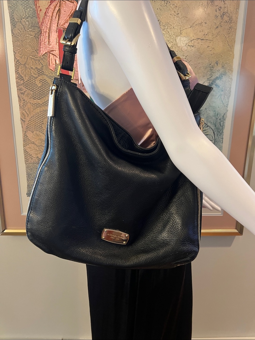 Michael Kors Black Pebbled Leather Shoulder Hobo with Gold Plaque